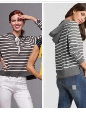 CAbi Women’s Striped Lace-Up‎ Windward Hoodie Nautical - Gray & White Size S